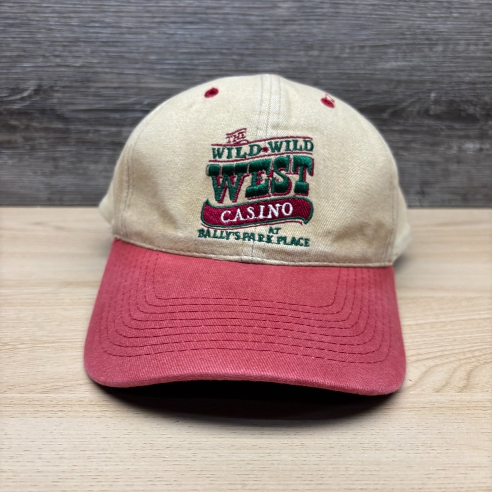 VINTAGE Wild Wild West Casino Hat Cap Strap Back Red Beige Logo Mens